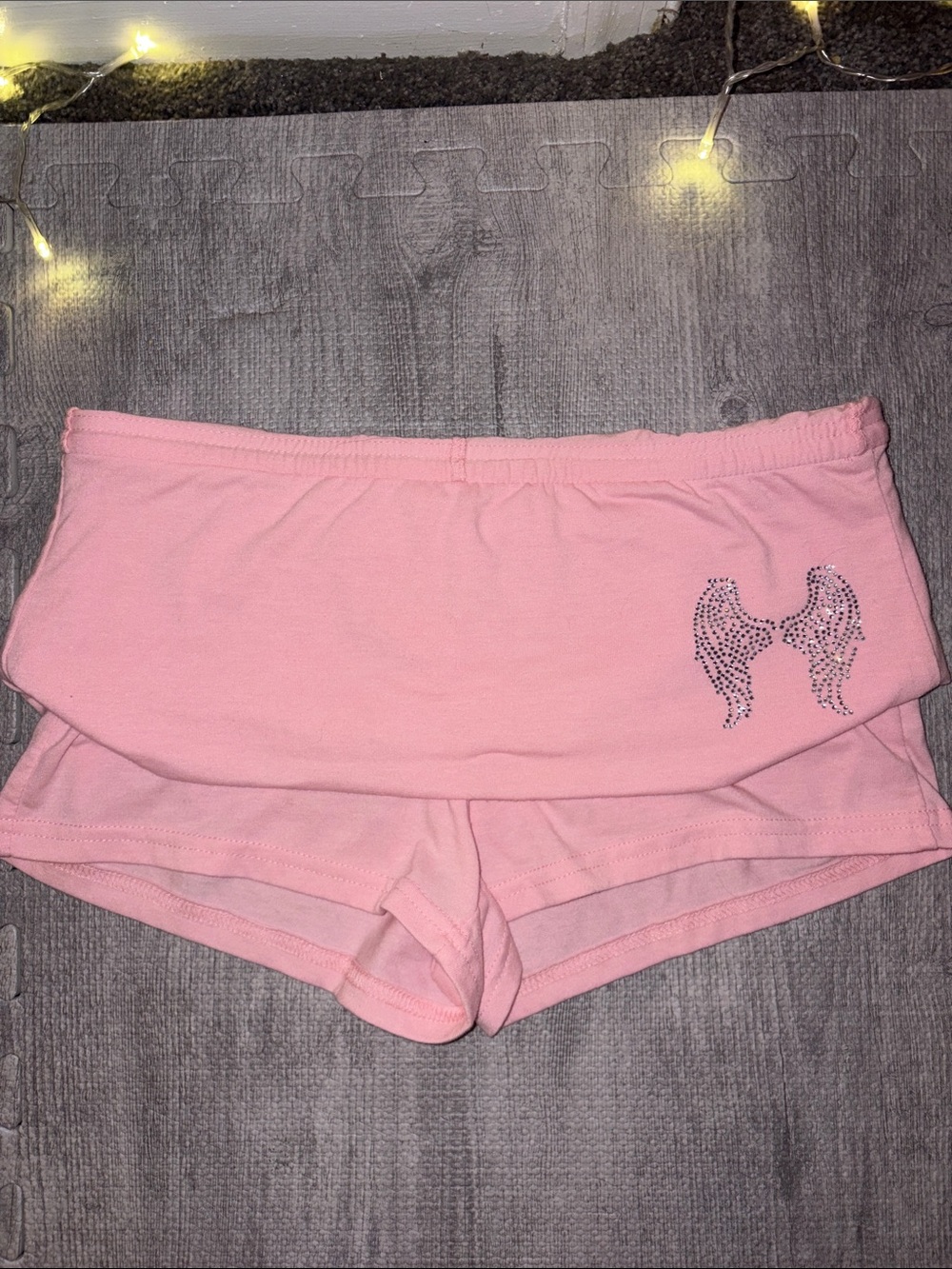 Pink Y2K Baddie Women’s Foldover Waist Shorts with Rhinestone Wing Accent
